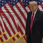 Donald Trump grimaces in front of several flags