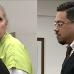 James Alvarez, right, speaks at the sentencing hearing of Courtney Fritz Pandolfi, right, on April 12, 2024. Pandolfi pleaded guilty to murdering Alvarez's wife, Yesenia Lisette Aguilar, in a DUI crash. (Screenshot: KTTV)