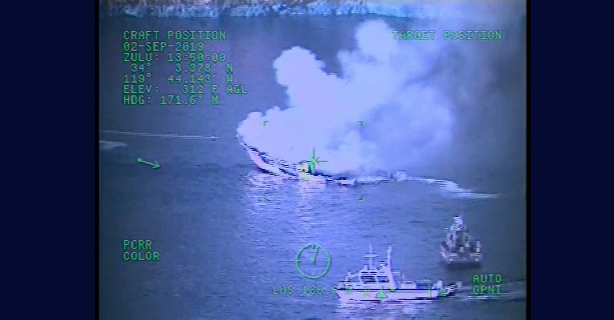 This Monday, Sept. 2, 2019, file image taken from video released by the U.S. Coast Guard shows a Coast Guard Sector San Diego MH-60 Jayhawk helicopter video screen, as crew responds to the vessel "Conception" boat fire off Santa Cruz Island near Santa Barbara, Calif. (U.S. Coast Guard via AP, File)