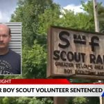David Lee Nelson was sentenced for hiding cameras in Boy Scout camp bathrooms in Missouri. (Camp exterior screenshot from KTVI/YouTube; Mug shot from St. Francois County Sheriff's Department via KTVI/YouTube)