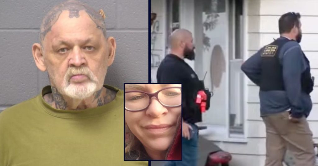John P. Shadbar, left, faces charges in the shooting of Melissa Robertson, center, in Illinois. (Crime scene screenshot from WFLD/YouTube; victim's photo from GoFundMe; Suspect's mug shot from Will County Sheriff's Office)
