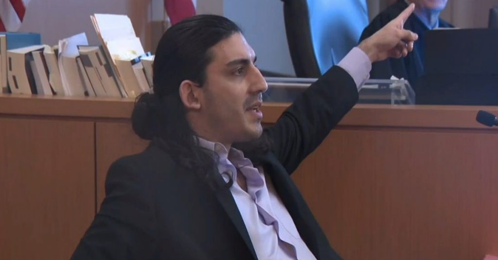 Ali Abulaban lashes out at a prosecutor during his testimony at trial. He was charged with murder for killing his estranged wife Ana Abulaban, 28, and her friend, Rayburn Cardenas Barron. (Screenshot: KGTV)
